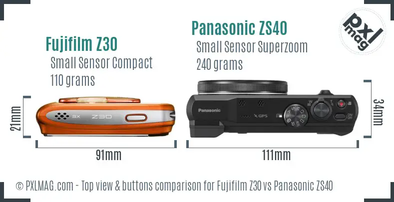 Fujifilm Z30 vs Panasonic ZS40 top view buttons comparison