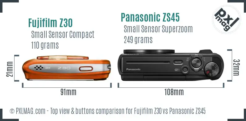 Fujifilm Z30 vs Panasonic ZS45 top view buttons comparison
