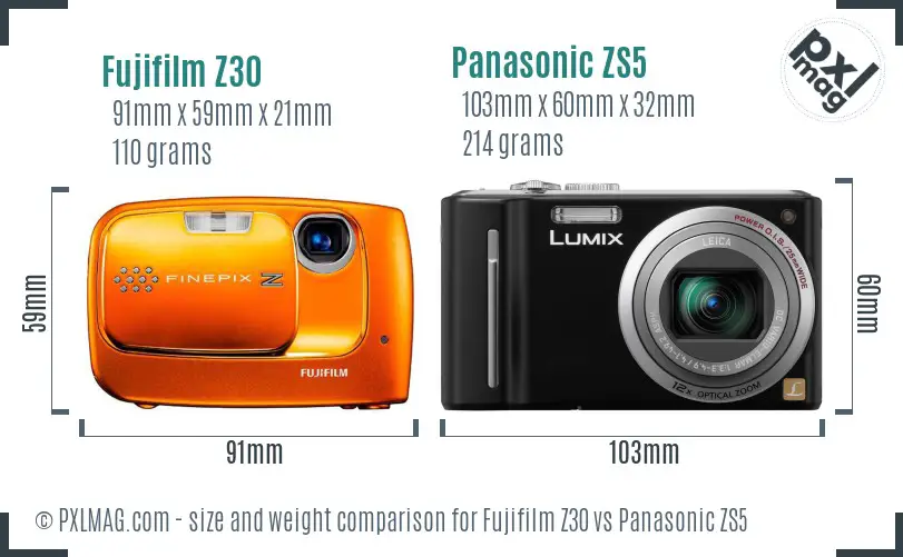 Fujifilm Z30 vs Panasonic ZS5 size comparison