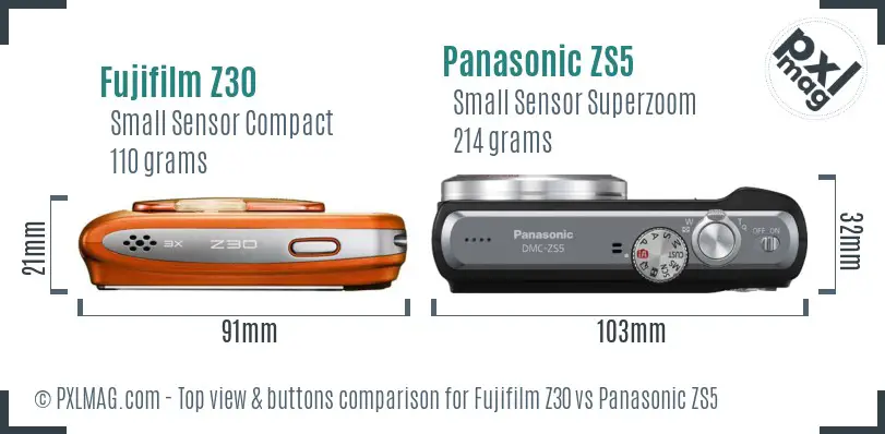 Fujifilm Z30 vs Panasonic ZS5 top view buttons comparison