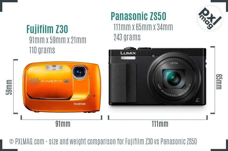 Fujifilm Z30 vs Panasonic ZS50 size comparison