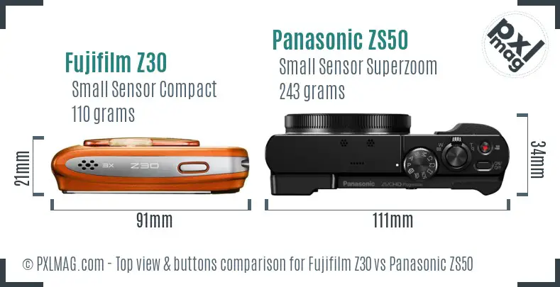 Fujifilm Z30 vs Panasonic ZS50 top view buttons comparison