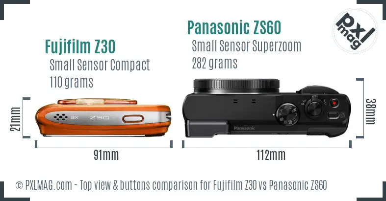 Fujifilm Z30 vs Panasonic ZS60 top view buttons comparison