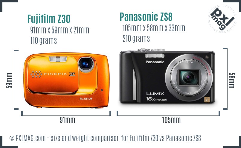 Fujifilm Z30 vs Panasonic ZS8 size comparison