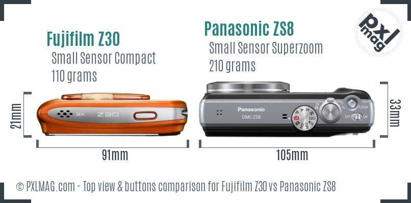 Fujifilm Z30 vs Panasonic ZS8 top view buttons comparison