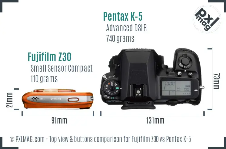 Fujifilm Z30 vs Pentax K-5 top view buttons comparison