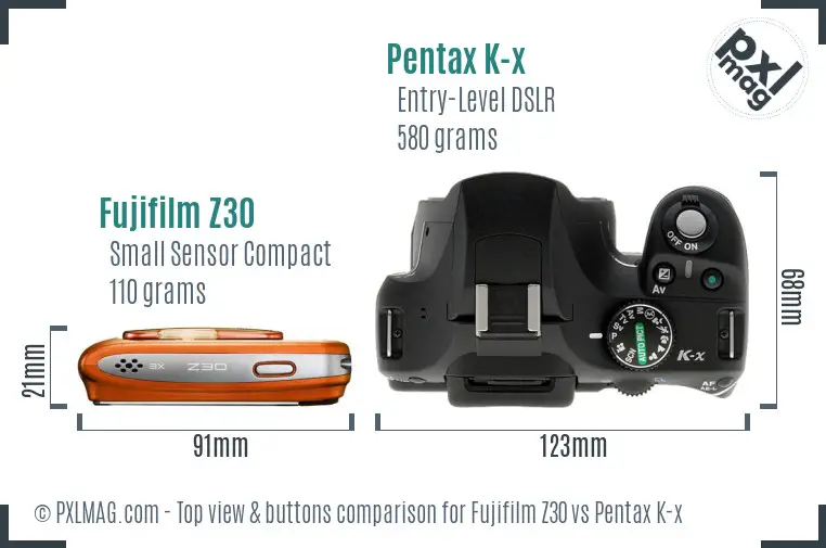 Fujifilm Z30 vs Pentax K-x top view buttons comparison