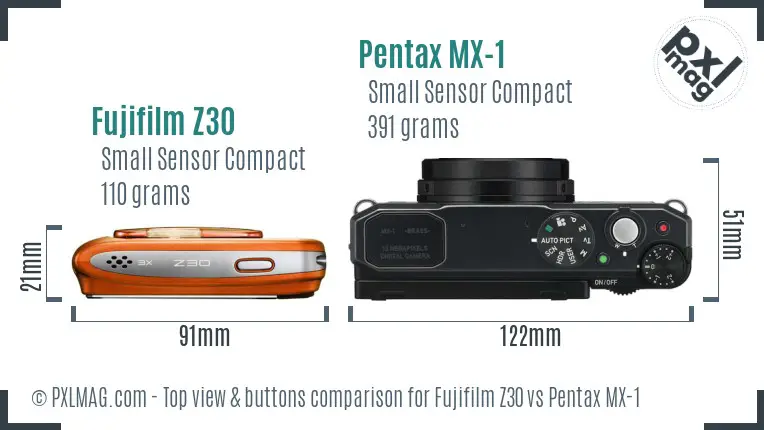 Fujifilm Z30 vs Pentax MX-1 top view buttons comparison