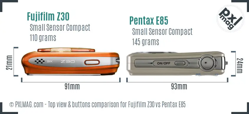 Fujifilm Z30 vs Pentax E85 top view buttons comparison Fujifilm Z30 vs Pentax E85 top view buttons comparison