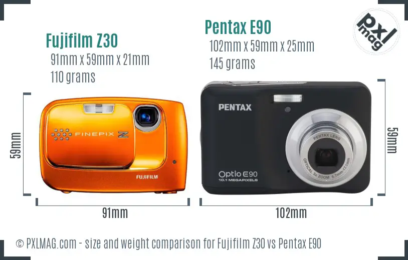 Fujifilm Z30 vs Pentax E90 size comparison