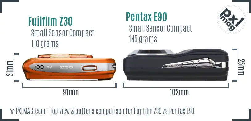 Fujifilm Z30 vs Pentax E90 top view buttons comparison