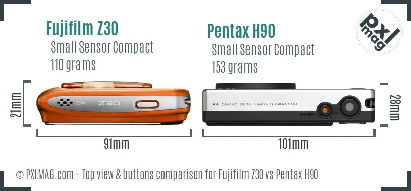 Fujifilm Z30 vs Pentax H90 top view buttons comparison Fujifilm Z30 vs Pentax H90 top view buttons comparison