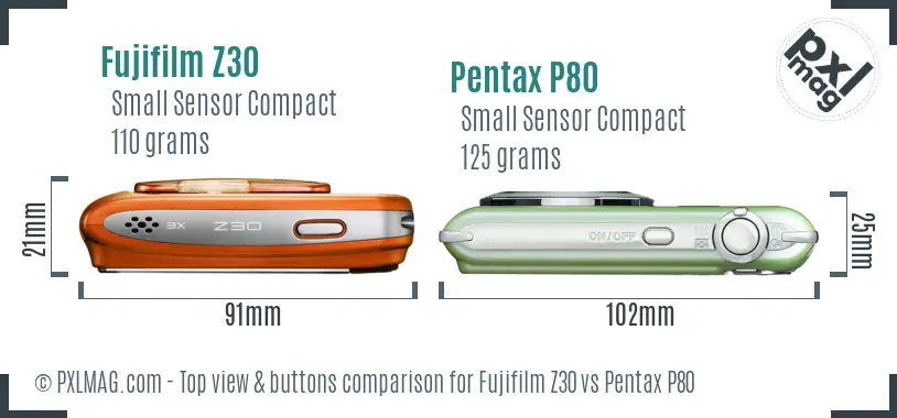 Fujifilm Z30 vs Pentax P80 top view buttons comparison Fujifilm Z30 vs Pentax P80 top view buttons comparison