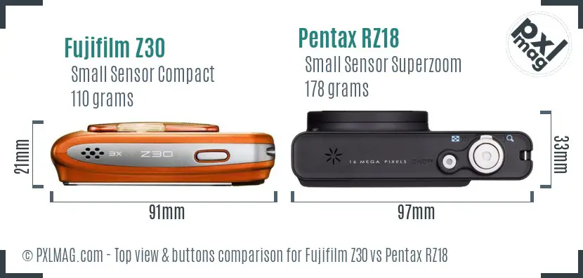 Fujifilm Z30 vs Pentax RZ18 top view buttons comparison Fujifilm Z30 vs Pentax RZ18 top view buttons comparison