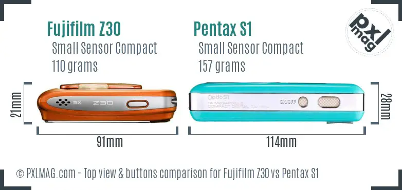 Fujifilm Z30 vs Pentax S1 top view buttons comparison Fujifilm Z30 vs Pentax S1 top view buttons comparison
