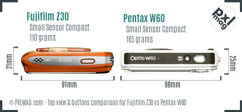 Fujifilm Z30 vs Pentax W60 top view buttons comparison Fujifilm Z30 vs Pentax W60 top view buttons comparison