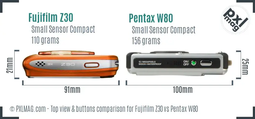 Fujifilm Z30 vs Pentax W80 top view buttons comparison