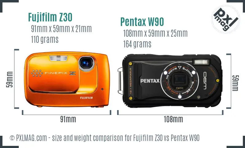 Fujifilm Z30 vs Pentax W90 size comparison