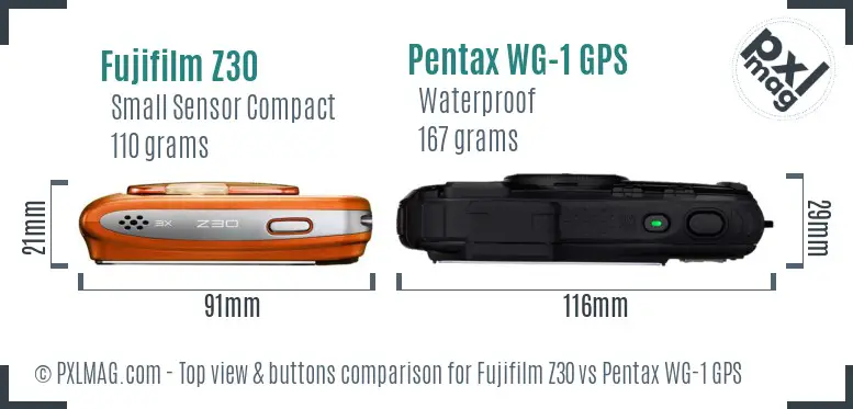 Fujifilm Z30 vs Pentax WG-1 GPS top view buttons comparison