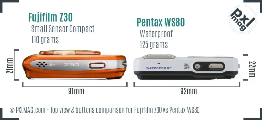 Fujifilm Z30 vs Pentax WS80 top view buttons comparison