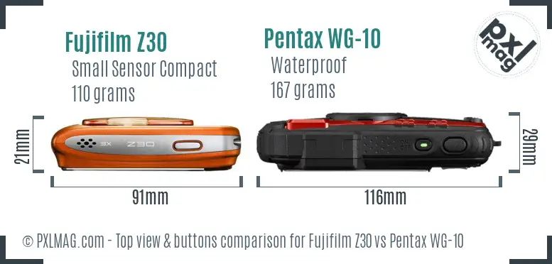 Fujifilm Z30 vs Pentax WG-10 top view buttons comparison