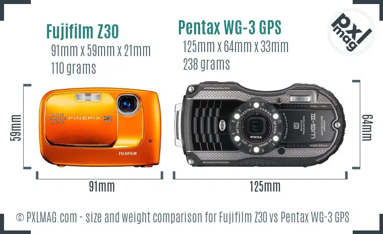 Fujifilm Z30 vs Pentax WG-3 GPS size comparison
