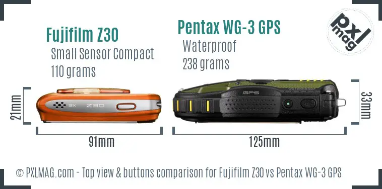 Fujifilm Z30 vs Pentax WG-3 GPS top view buttons comparison