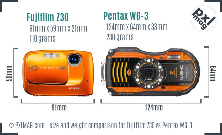 Fujifilm Z30 vs Pentax WG-3 size comparison