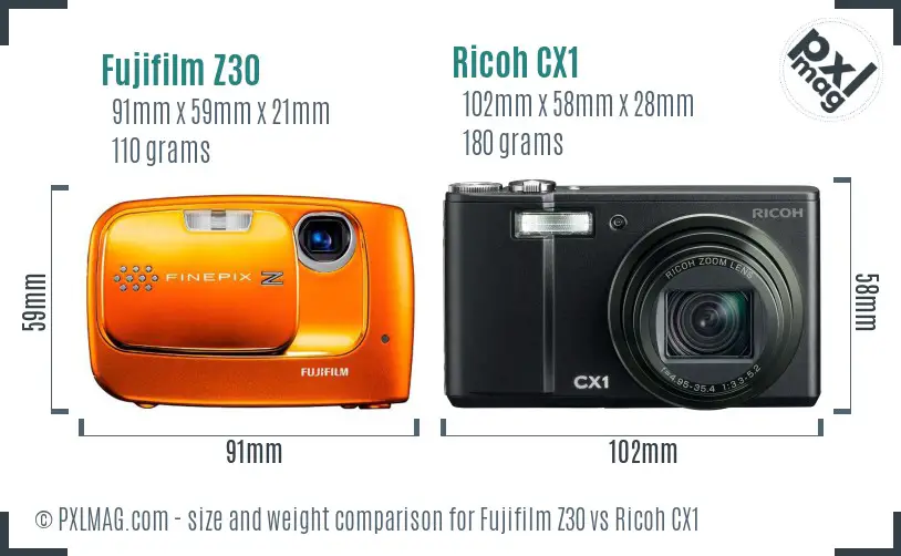 Fujifilm Z30 vs Ricoh CX1 size comparison