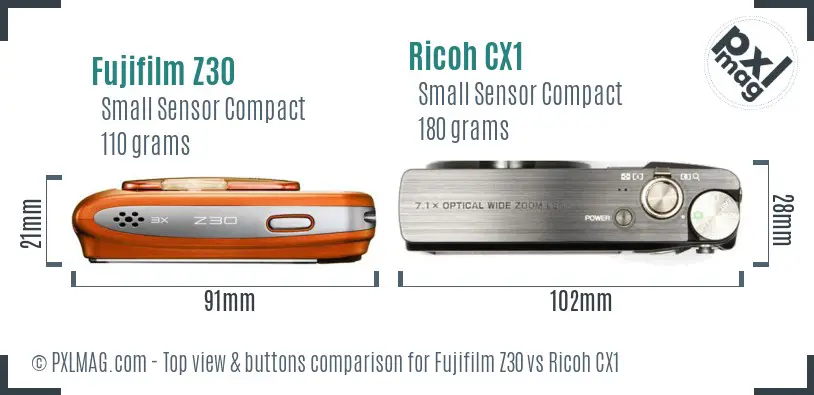 Fujifilm Z30 vs Ricoh CX1 top view buttons comparison