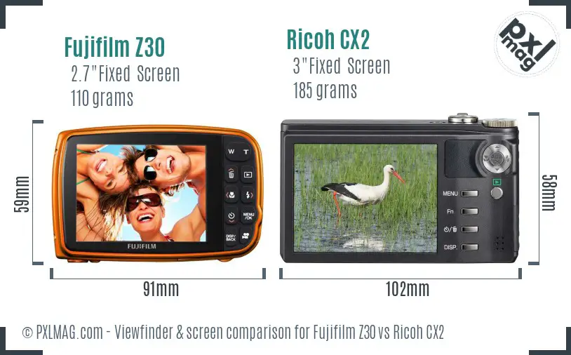 Fujifilm Z30 vs Ricoh CX2 Screen and Viewfinder comparison