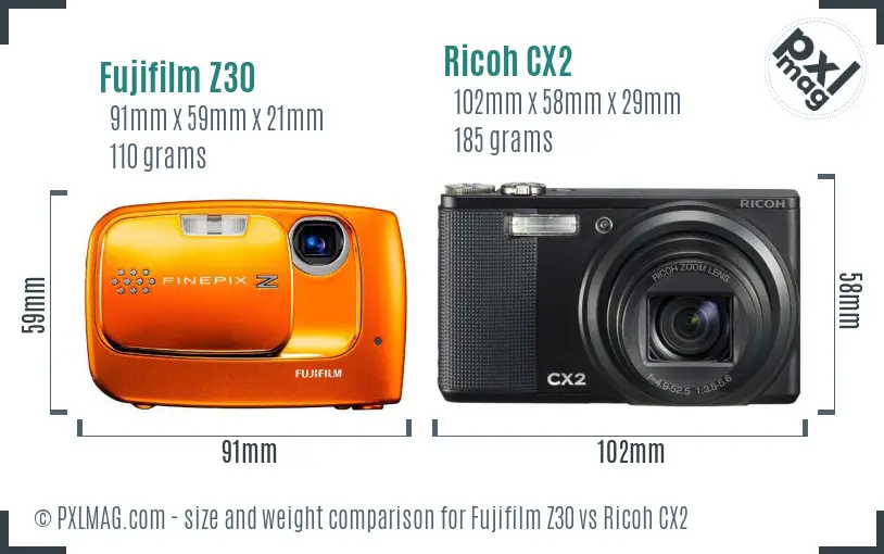 Fujifilm Z30 vs Ricoh CX2 size comparison