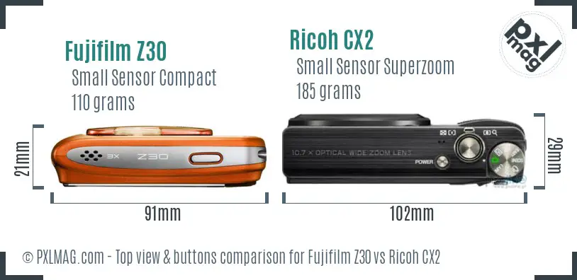 Fujifilm Z30 vs Ricoh CX2 top view buttons comparison