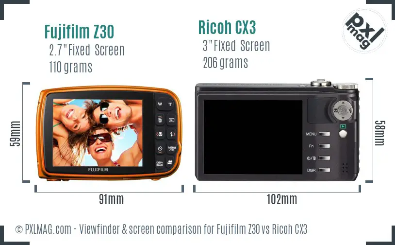 Fujifilm Z30 vs Ricoh CX3 Screen and Viewfinder comparison