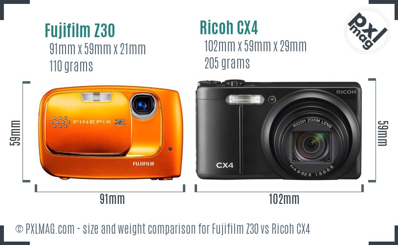 Fujifilm Z30 vs Ricoh CX4 size comparison Fujifilm Z30 vs Ricoh CX4 size comparison