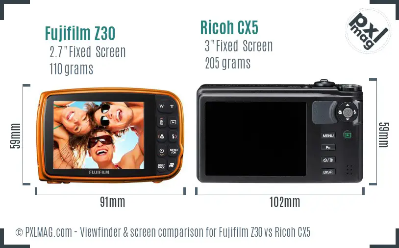 Fujifilm Z30 vs Ricoh CX5 Screen and Viewfinder comparison