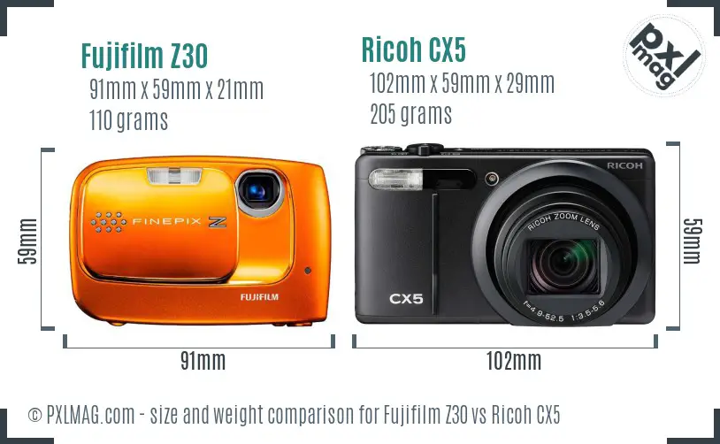 Fujifilm Z30 vs Ricoh CX5 size comparison