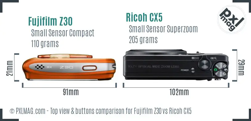 Fujifilm Z30 vs Ricoh CX5 top view buttons comparison