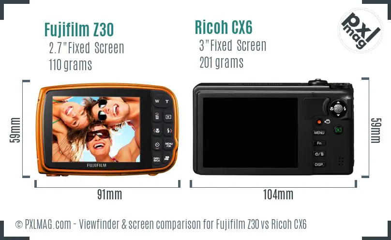 Fujifilm Z30 vs Ricoh CX6 Screen and Viewfinder comparison