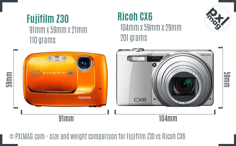 Fujifilm Z30 vs Ricoh CX6 size comparison