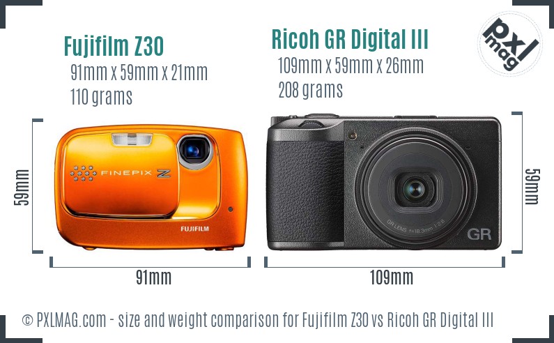 Fujifilm Z30 vs Ricoh GR Digital III size comparison