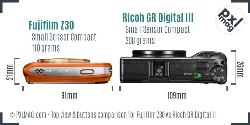 Fujifilm Z30 vs Ricoh GR Digital III top view buttons comparison