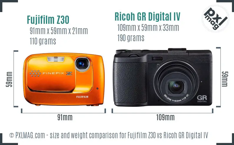 Fujifilm Z30 vs Ricoh GR Digital IV size comparison