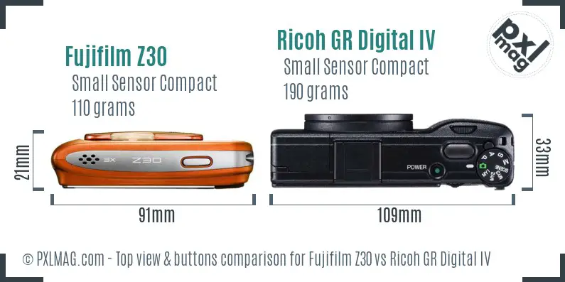 Fujifilm Z30 vs Ricoh GR Digital IV top view buttons comparison