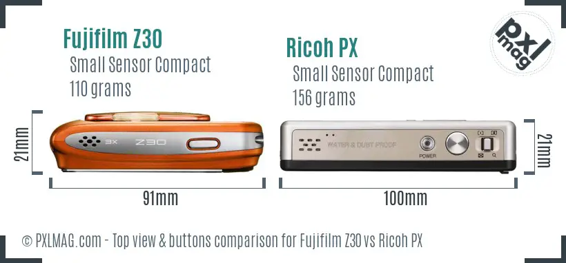 Fujifilm Z30 vs Ricoh PX top view buttons comparison