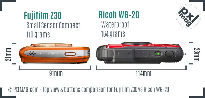 Fujifilm Z30 vs Ricoh WG-20 top view buttons comparison Fujifilm Z30 vs Ricoh WG-20 top view buttons comparison