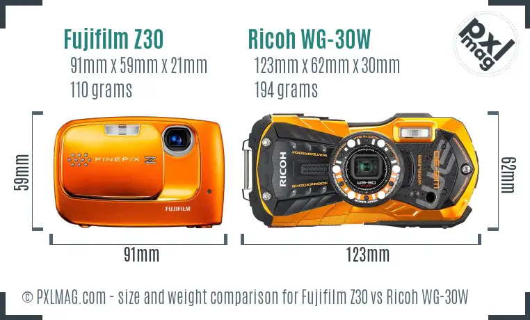 Fujifilm Z30 vs Ricoh WG-30W size comparison