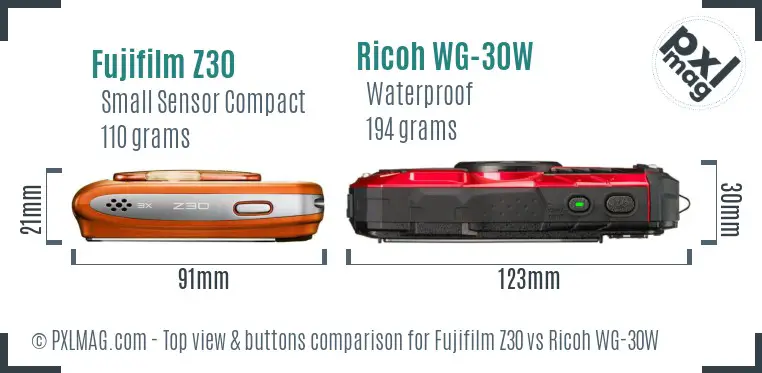Fujifilm Z30 vs Ricoh WG-30W top view buttons comparison