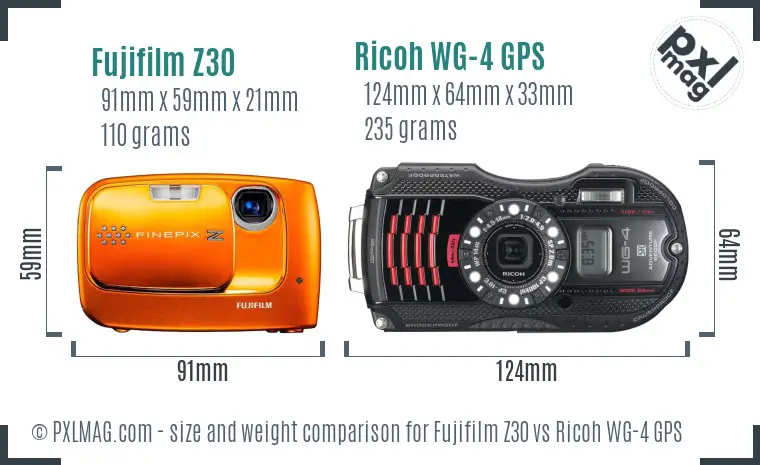 Fujifilm Z30 vs Ricoh WG-4 GPS size comparison