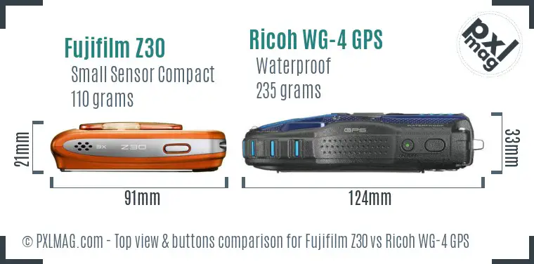 Fujifilm Z30 vs Ricoh WG-4 GPS top view buttons comparison